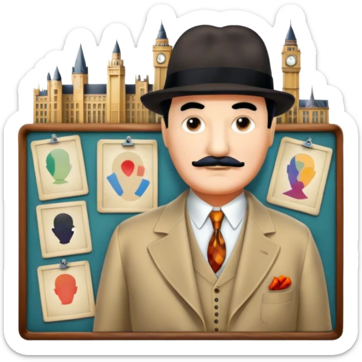 Icon for Detective Movies: A colorful collage with Hercule Poirot and mysterious city backdrop. Include a board with photos of suspects, clues like fingerprints and a crime scene. Retro movie poster style. Transparent background. sticker