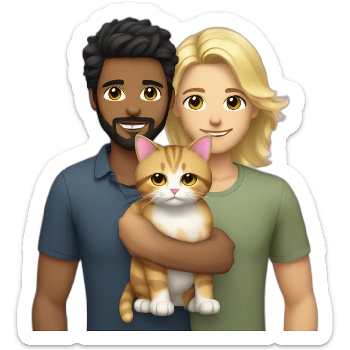Gay male couple Latino Black hair and beard male and Australian blonde hair male , with a cat in the middle sticker