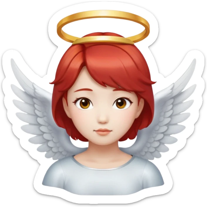 Asian angel girl with short red hair, oval face, and halo sticker