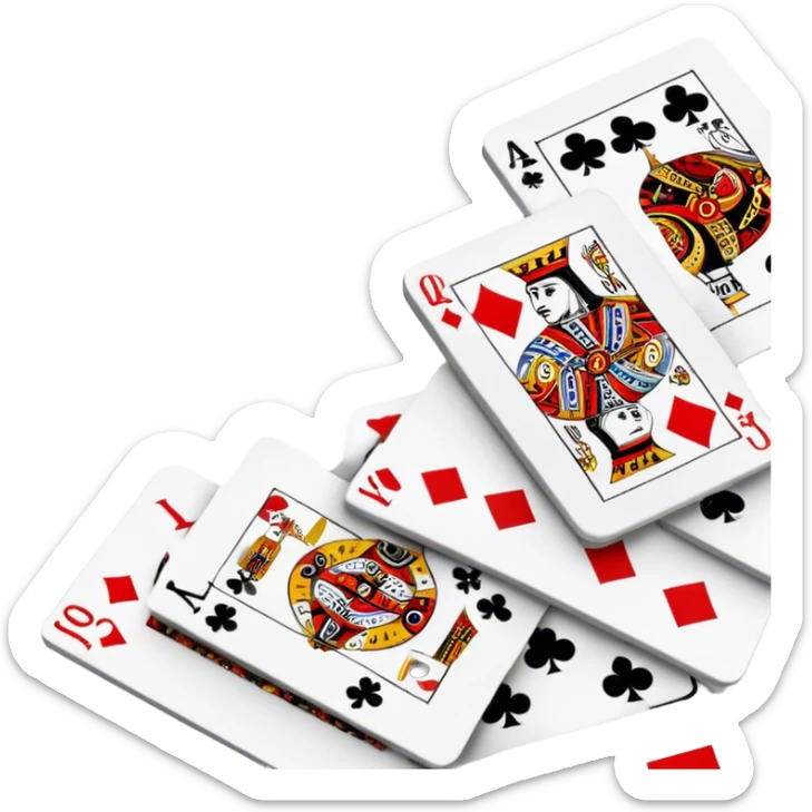 A photorealistic icon featuring playing cards, poker chips, and a deck of cards spread out on a table. Bright, detailed design with realistic textures and lighting. Transparent background, clearly symbolizing card games and strategy. sticker