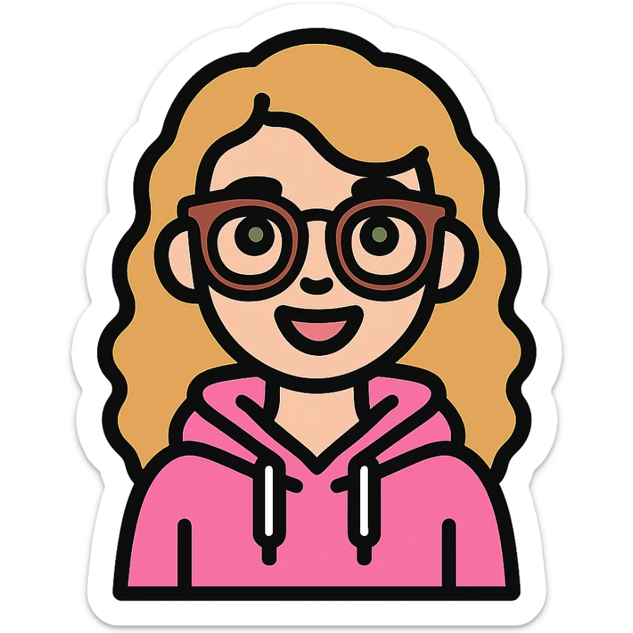 Edit the portrait to show a girl with lighter skin, dark blonde wavy hair, green eyes, wearing a baby pink hoodie and brown glasses, with a cheerful look and no background. sticker