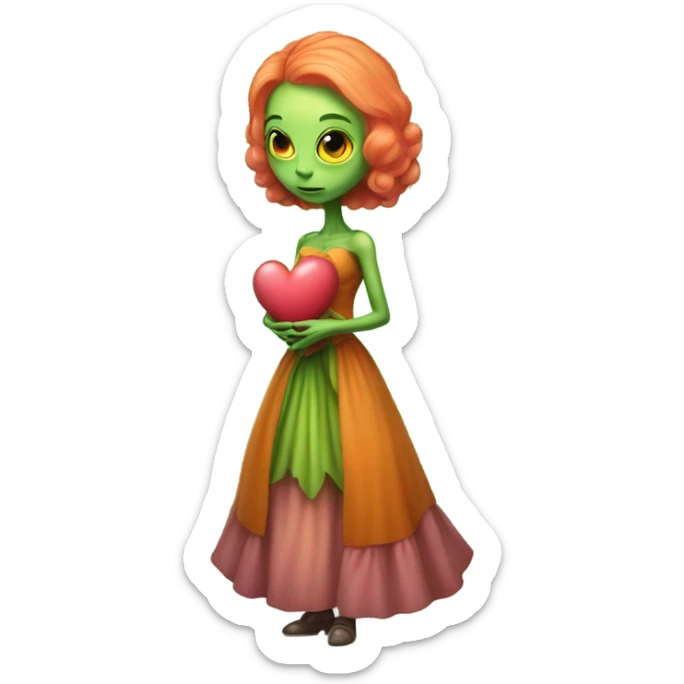 a green alien woman in Victorian orange dress, pink hair,holdig, red big hearth, full body sticker