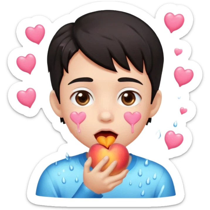 Cute boy, light pink eyes, grown out dark hair, eating a peach, pink hearts floating , water dripping from mouth sticker