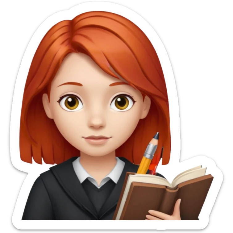 Girl with red hair around 8 with book and pen sticker