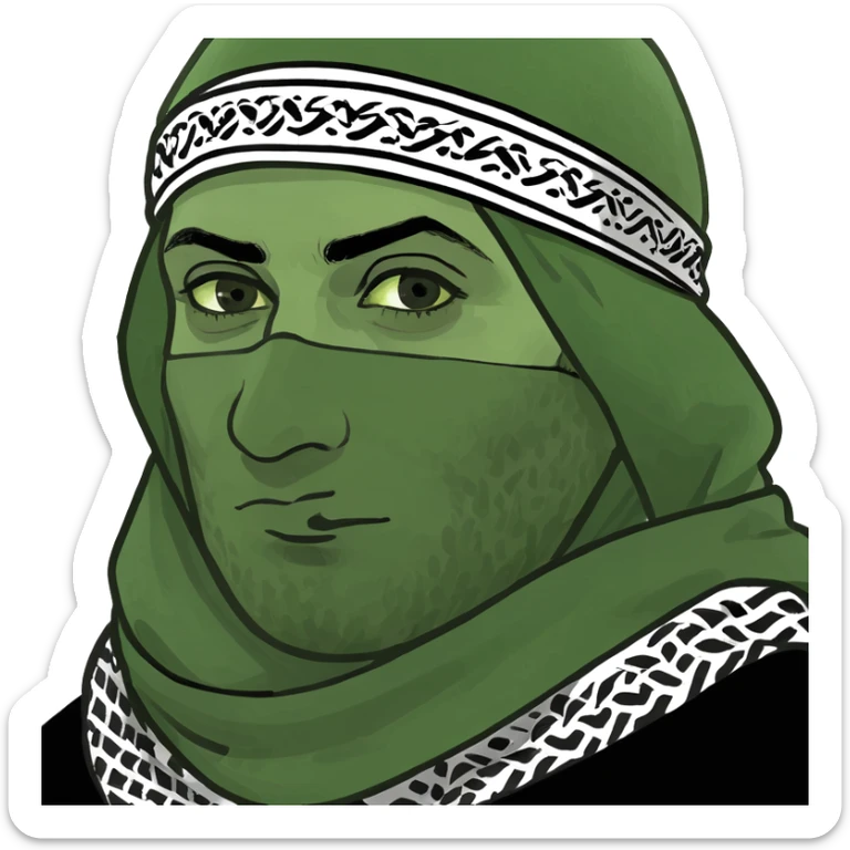 memoji-style brown man with a Palestinian keffiyeh scarf wrapped around his entire face, leaving only the eyes visible sticker