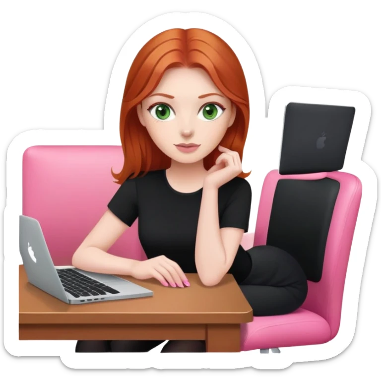 Redhead with green eyes sat at desk with pink MacBook and black top and pink chair  sticker
