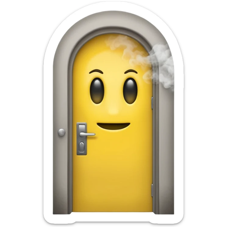 Minimalist emoji-style sticker of a half-open door, with smoke and a single glowing eye visible in the dark inside. Flat design, desaturated colors.
 sticker