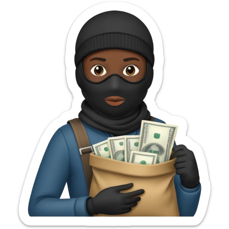 Ski mask holding bag of money with black face like skin color black sticker