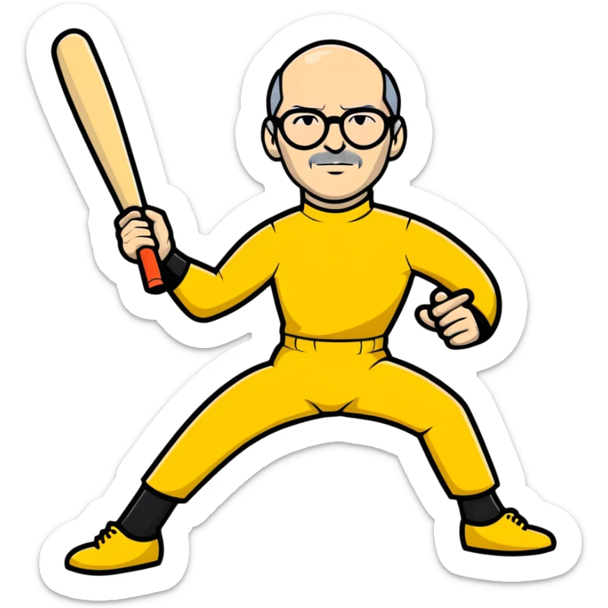 Steve Jobs with glasses and black turtleneck under Bruce Lee yellow jumpsuit, holding baseball bat and ball sticker