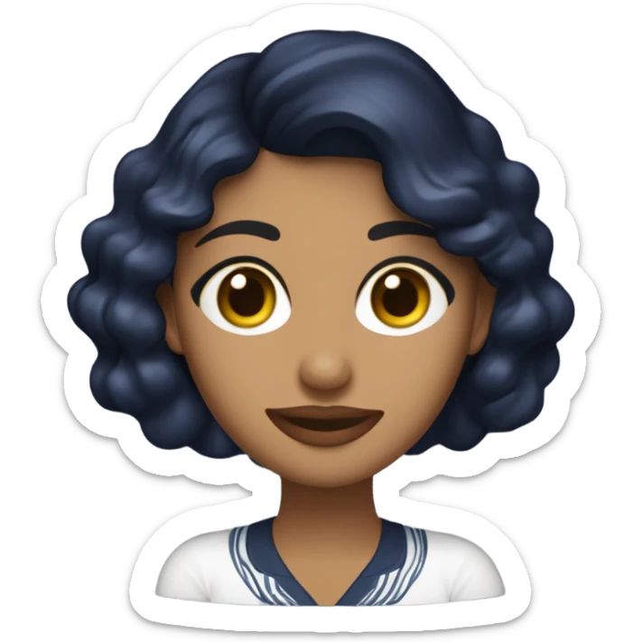 Mujer morena con ondas, de ojos cafés oscuros y que tenga una polera ajustada color navy blue sticker