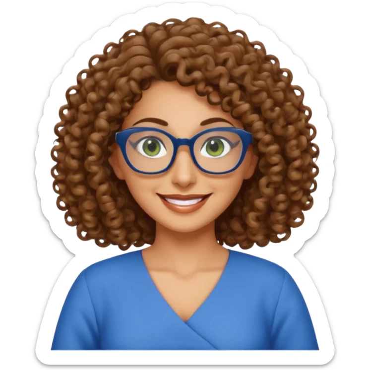 40 yr old Iranian woman, light brown very curly thick hair, shoulder length hair, green eyes, tan skin, big smile, big glasses, with pretty blue dress sticker