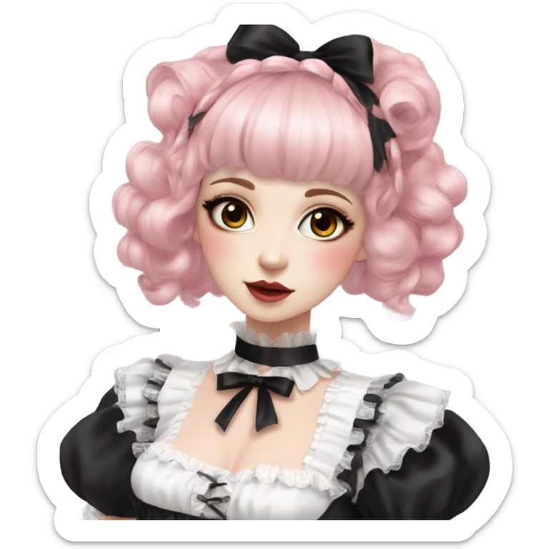 Vestido rosa pastel y negro gothic lolita, cuerpo completo, color de piel morena, pelo largo, pelo de color rojo y negro sticker