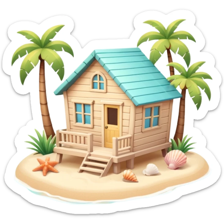 cute beach house, small seaside house, wooden walls, pastel colors, palm trees, seashells, warm sunlight, 3D cartoon, mobile game icon style, soft shadows, clean background, no text, no watermark
 sticker