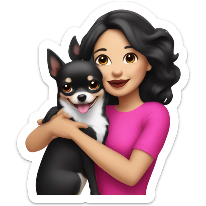 Thick medium black hair and hot pink lips and pink cheek smiling mature Filipino lady hugging black and white Chihuahua  sticker