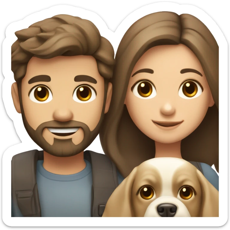 Brunette happy couple boy with beard and girl  with long hair with one cute beige French bull dog  sticker