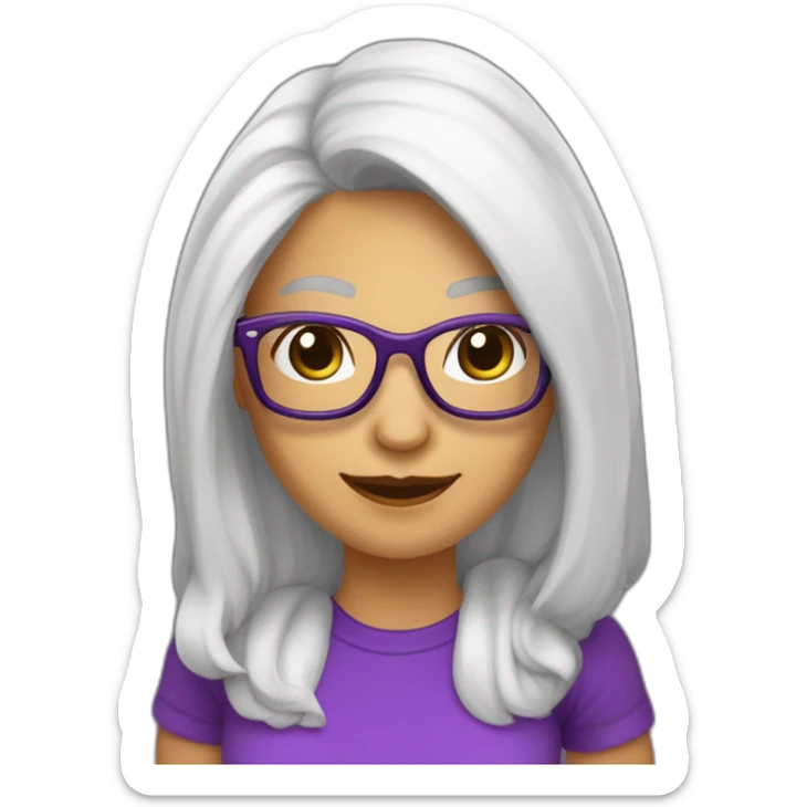 mujer-piel muy blanca-con gafas-sonriendo-camisa morada-pelo corto hasta el hombro-pelo color cafe,con un computador,muy detallada sticker