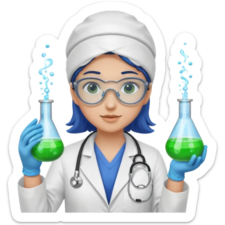 A person wearing safety goggles, a stethoscope, and a white coat. They are wearing blue protective gloves. In their hand, they are holding a test tube containing chemicals. sticker