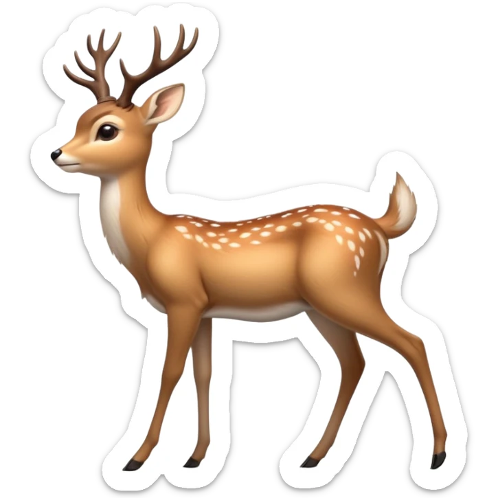 cinematic-[deer]-realistic-full-body-standing on all fours-emoji,-tail-tucked-close,-head-tilted-dramatically,-sleek-[fawn]-fur,-simplified-yet-realistic-focused-features,-highly-detailed,-glowing-with-an-almost-sarcastic-glow big antlers sticker