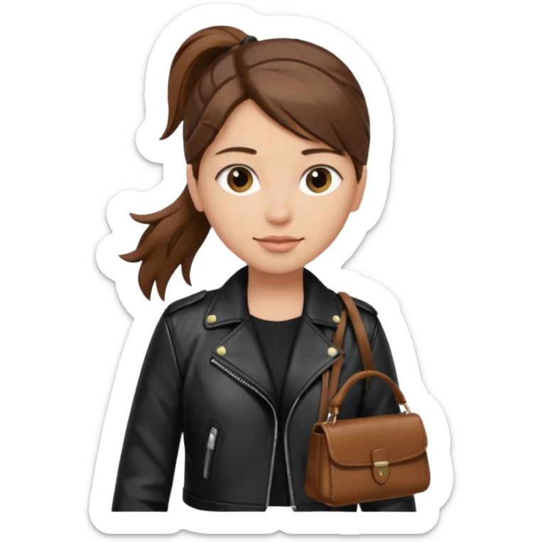 A girl with a pony tail brown hair and white ish skin with a black jacket and a brown purse  sticker