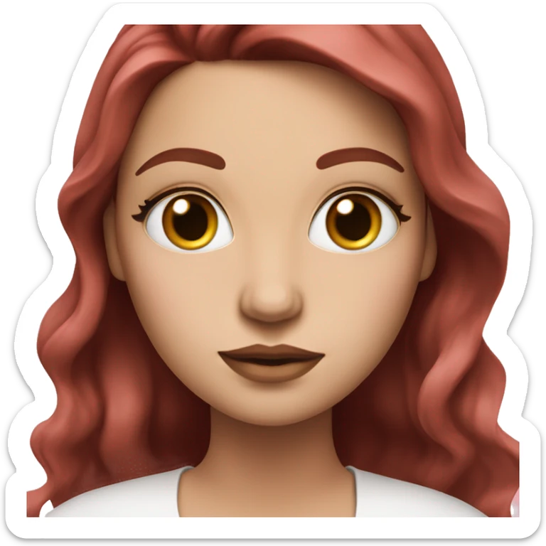 Woman with a white skin that has wavy Long Dark red hair and brown eyes with an eyeliner and lashes coding on a pink macbook sticker