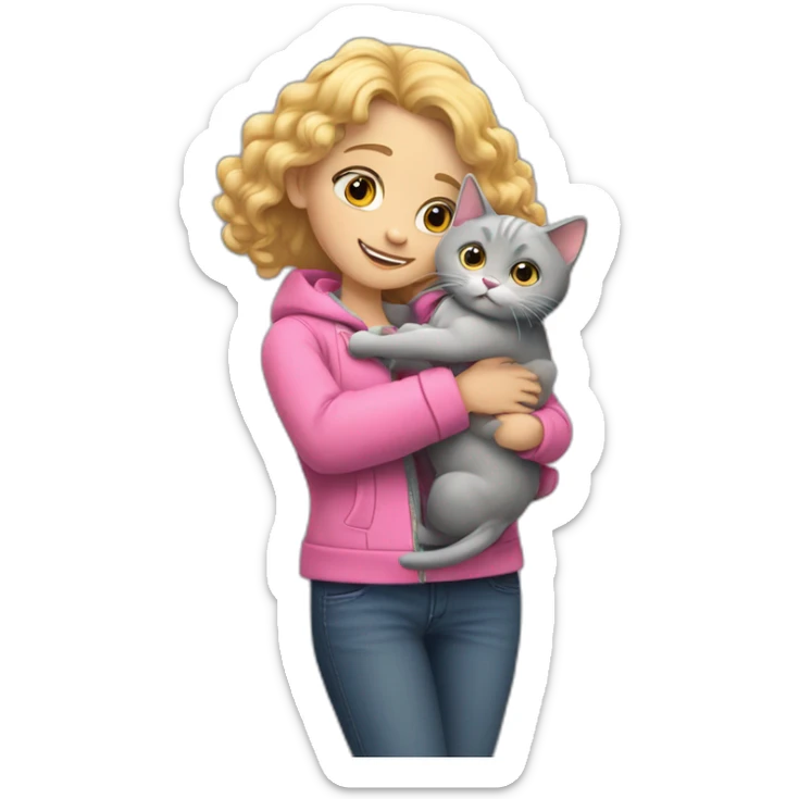 A girl with curly blonde hair in a pink jacket hugs a gray fat cat sticker
