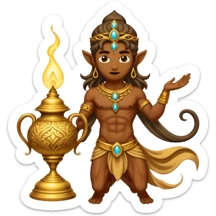 mystical fantasy illustration of a powerful jinn emerging from an ancient golden lamp.  sticker