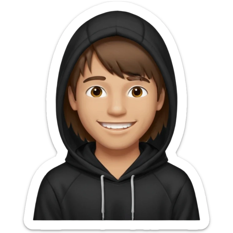 20 yr old man, brown hair, straight, big smile, white teeth, tanned skin, bangs, black hooded sweatshirt, long hair in back, center-parted bangs sticker