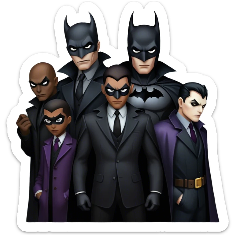 Icon for Thriller Movies: A large, dramatic collage featuring sinister villains in dark clothing. The background shows the gloomy cityscape of Gotham, with dim lighting and eerie shadows. The atmosphere should be tense, mysterious, and suspenseful. Transparent background. sticker