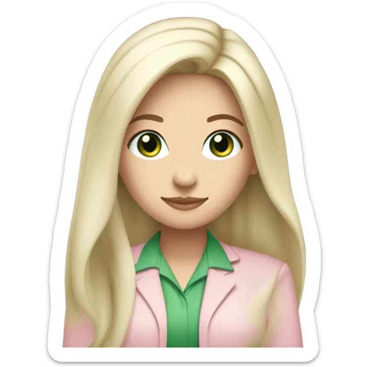 A pretty white girl with very long black hair and green eyes working in a light pink work attire sticker