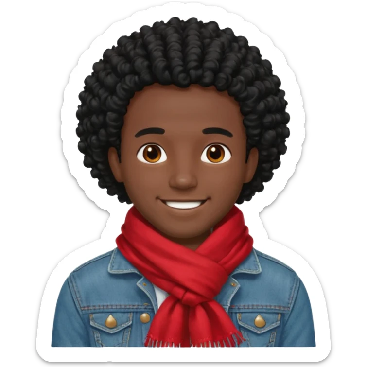 black skin man, curly black hair wear big red scraft, jean jacket sticker