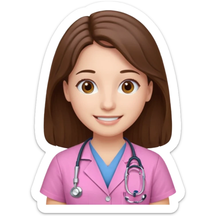 doctor, pink, she, hair brown, eyes brown, scrub baby pink, white skin, long hair, smile  sticker