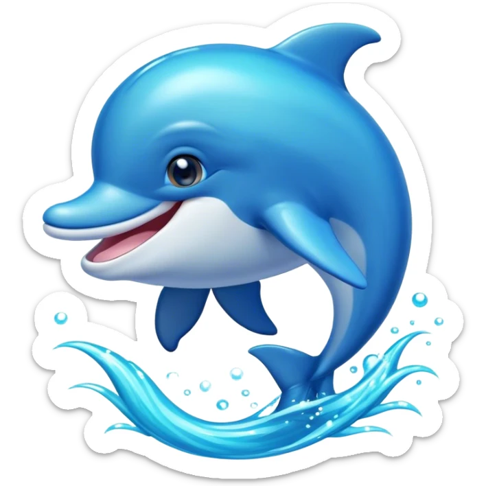 Cinematic Adorably Playful Dolphin Portrait Emoji, Bouncing joyfully through sparkling turquoise waves with a sleek, streamlined body of glossy blue skin, a wide, infectious smile, and bright, twinkling eyes that radiate pure delight, Simplified yet charmingly exuberant features, highly detailed, glowing with a radiant, bubbly aquatic glow, high shine, energetic and heartwarming, stylized with an air of whimsical ocean fun, soft glowing outline, capturing the essence of a super cute dolphin that seems ready to leap out of the screen spreading joy! sticker