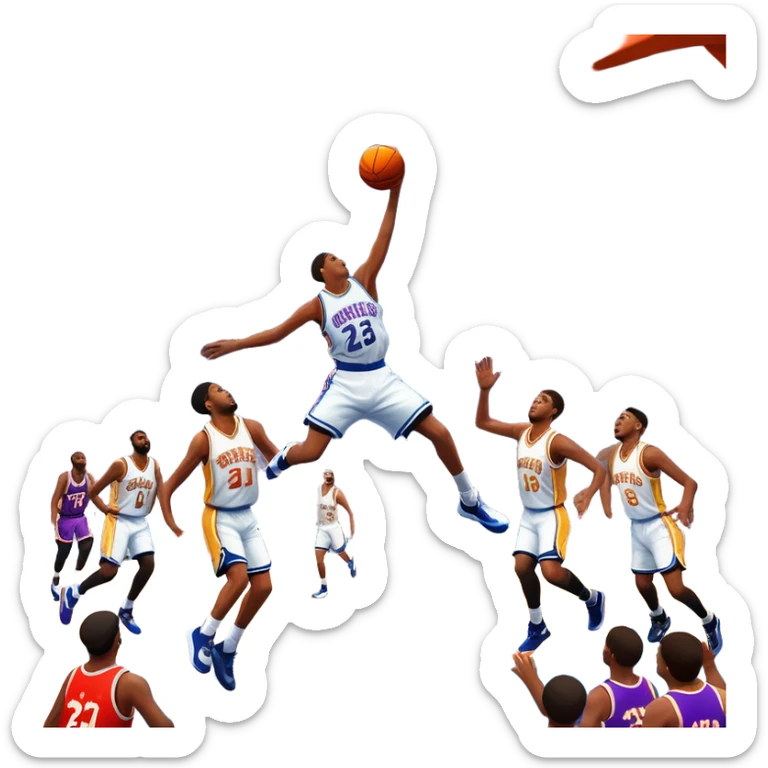 An icon showing a basketball court with players in action, inspired by NBA 2K25. A player jumps for a dunk, the ball mid-air, surrounded by a vibrant basketball arena with cheering fans and bright lights. Transparent background emphasizes the intense atmosphere sticker