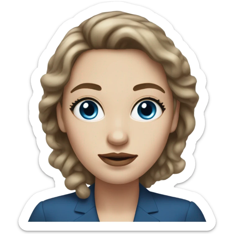 woman with white skin, brown very long hair, blue eyes, ful lips, square face and big lashes. formal dressed sticker