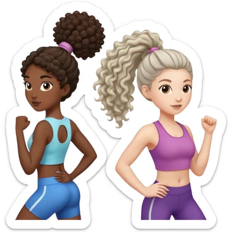 three women friends exercising together, one black woman with curly brown hair, one pale white woman with curly brown hair, and one pale white woman with straight brown hair in a ponytail sticker