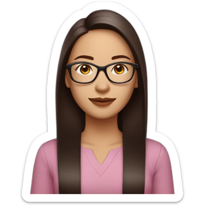 woman white skin with glasses in color pink, long dark brown straight hair with a laptop sticker