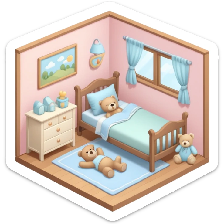 isometric baby room, Cozy baby room with crib and teddy bear sticker