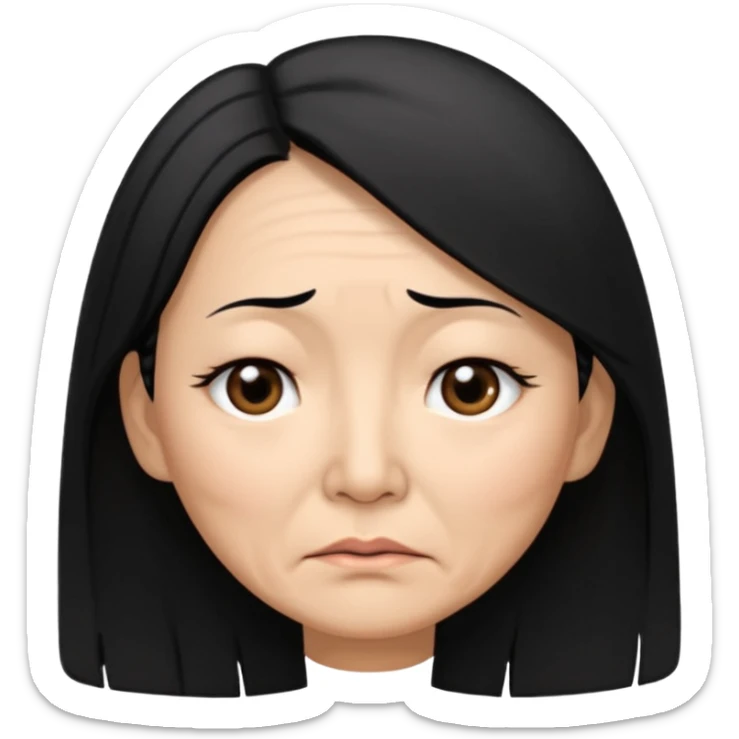 50 yr old asian woman, straight thick long black hair, big black, side part, tired sticker