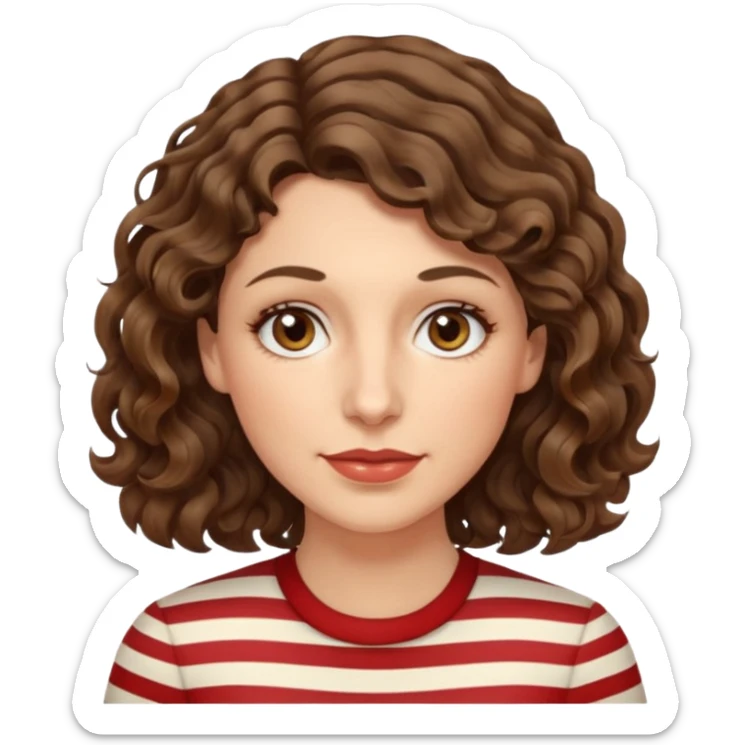 caucasian woman, 40s, chin-length wavy/curly/unruly brown-ish, few white stripes hair, hazel eyes sticker