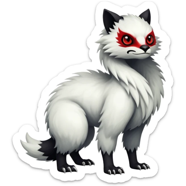 a white exotic edgy vernid-fionbr-Fakémon-creature, with black belly and red eyes, full body sticker