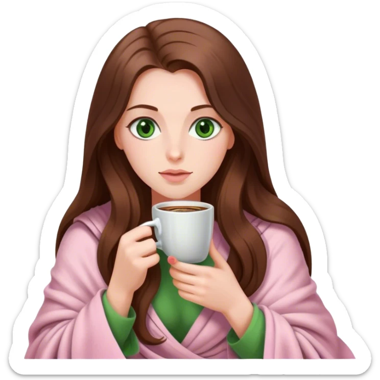 woman with very long brown hair and green eyes in a light pink blanket sipping coffee sticker