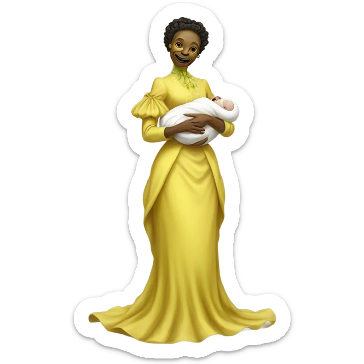  Reptilian alien woman , full body, in victorian jellow elegant dress smiling, holds a newborn white humman baby sticker