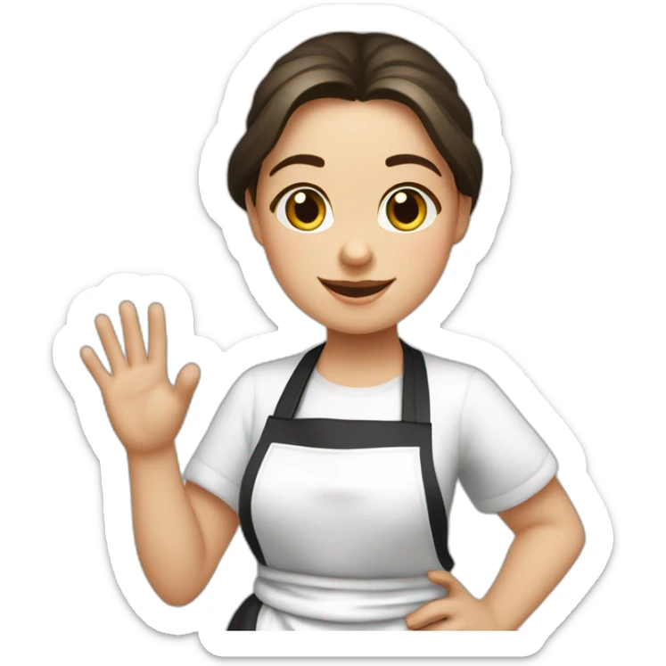 Slavic girl in a white T-shirt and a completely black apron waves hello with her right hand sticker