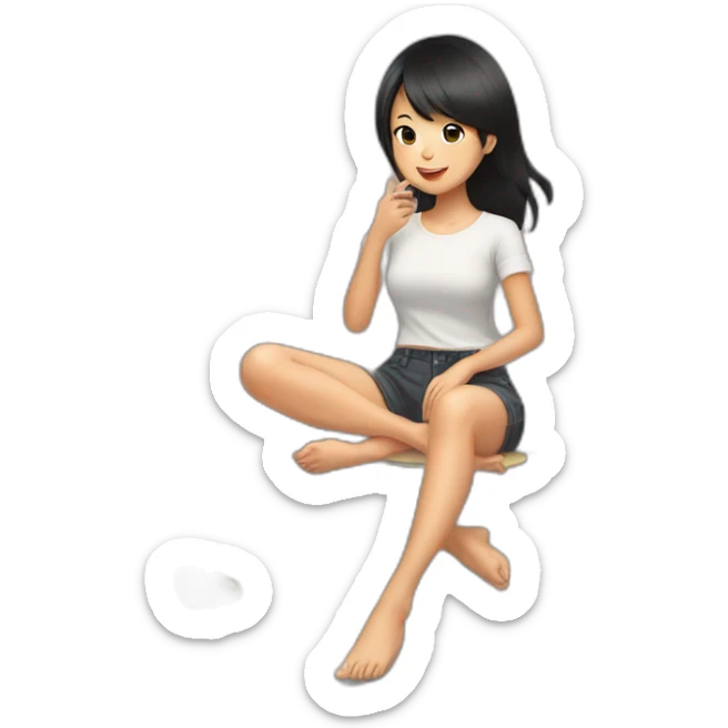 Black haired Asian girl sitting with legs crossed in mirror selfie sticker