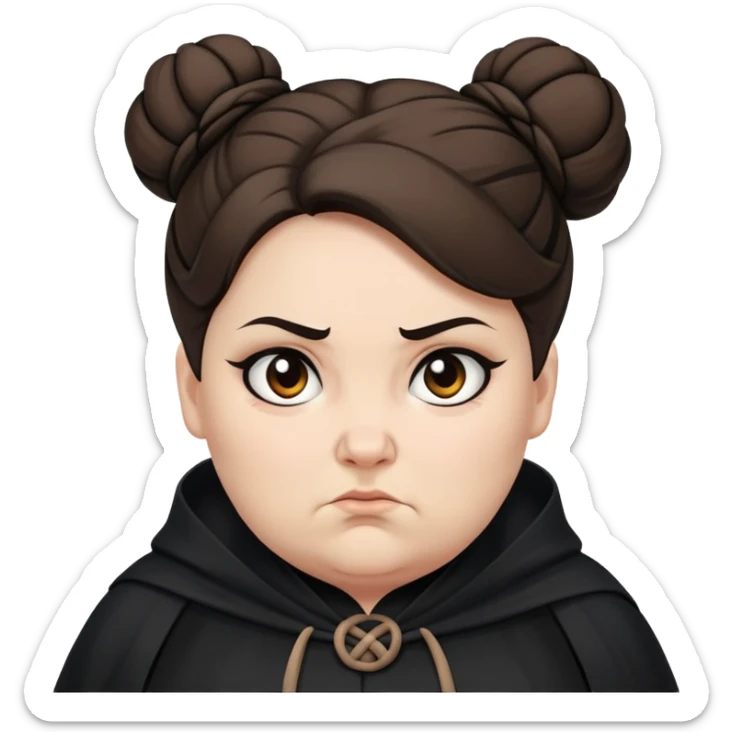Alecto Carrow in harry potter, a white fat woman , brown one knot bun hair, look evil, black cloak sticker