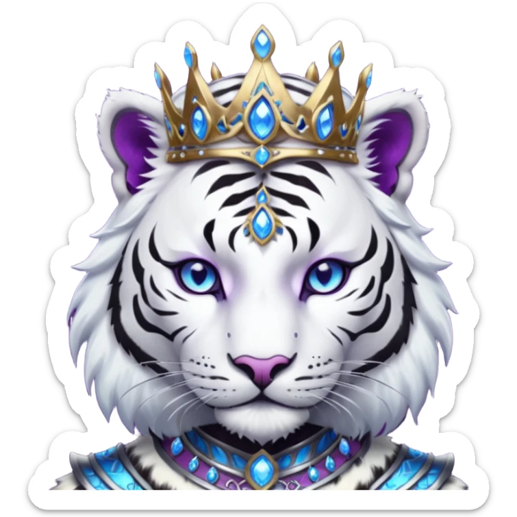 ESO Female white/black tiger khajiit leader of the umbral rose, glowing blue eyes, glowing blue 'third eye' gem; purple gemmed silver crown/tiara sticker