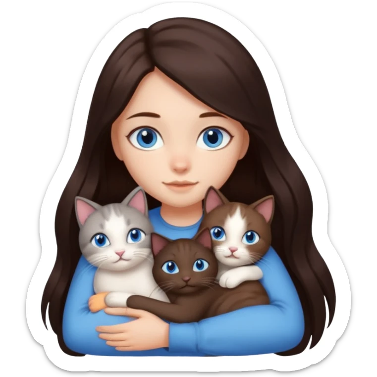a girl with long dark 
brown hair, with blue eyes, hugs 3 different natural coloured cats sticker