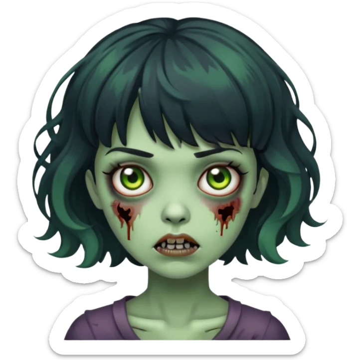 zombie girl with short wavy hair and black bangs, greenish skin sticker