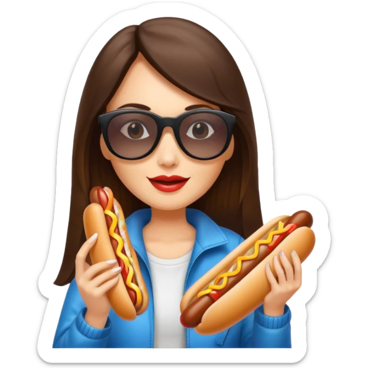 tourist brunette long hair woman with sunglasses holding hot dog sticker