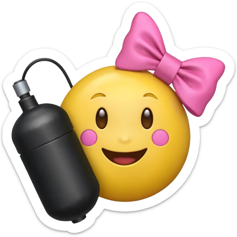 A happy face emoji holding a bomb and the bomb has a cute pink bow on the bomb sticker